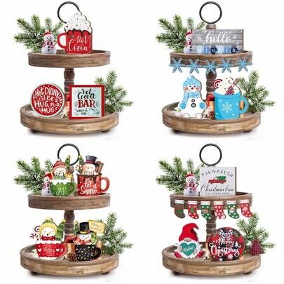 مجموعة ديكورات عيد الميلاد الريفية لطاولة متعددة الطبقات من الخشب للاحتفال بعيد الميلاد والأعياد الشتوية، مصممة بشكل سانتا كلوز وقزم عيد الميلاد ورجل الثلج وكوكاو ساخن، لافتات خشبية صغيرة بشعار "عيد ميلاد مجيد" لديكور مطبخ المزرعة وطاولة القهوة (بدون صينية)