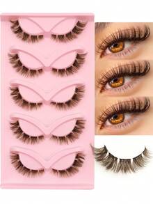 5 Pairs Brown Cat Eye False Eyelashes, Transparent Thin Stem, Brown Faux Mink Lashes, Fluffy Criss-Cross Comfortable Full Strip Reusable Natural Look Eyelashes For Makeup - Cat Eye Lashes - View 2