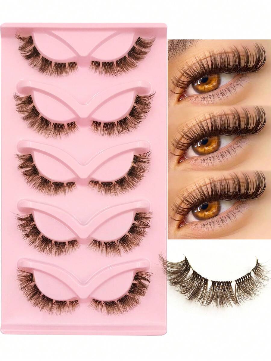 5 Pairs Brown Cat Eye False Eyelashes, Transparent Thin Stem, Brown Faux Mink Lashes, Fluffy Criss-Cross Comfortable Full Strip Reusable Natural Look Eyelashes For Makeup