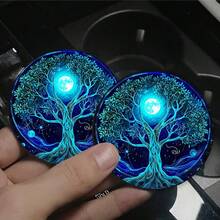 Tree Of Life Car Coaster-Set Of 2, Blue Glowing Tree Design Rubber Coasters, Washable Car Accessories, Car Cup Holder-Spiritual Lake View Home Decoration