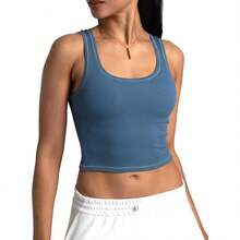 Camiseta de mujer de costilla con acolchado, top de entrenamiento de cuello cuadrado, top corto ajustado, camiseta básica de tirantes - Zarpar - Ver 6