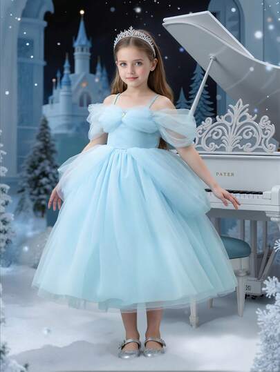 年轻女孩蓝色细肩带薄纱派对优雅连衣裙，冰雪公主裙适合女孩的生日派对、宴会、舞会、婚礼花童、节日庆典