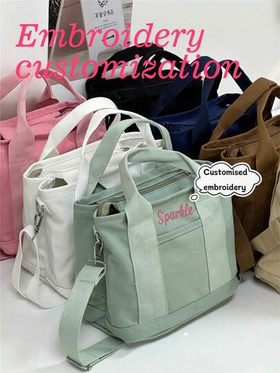 1PC Women's Personalized Ins Canvas Bag, Fashionable And Versatile Commuting Single-Shoulder Bag For Work, Portable Multi-Pocket Storage Bag, Large-Capacity Student Book Handbag With College Style, Multi-Functional Tote Bag, Embroidered Custom Letter Bag, Mom's Bag For Going Out, Suitable For Daily Use