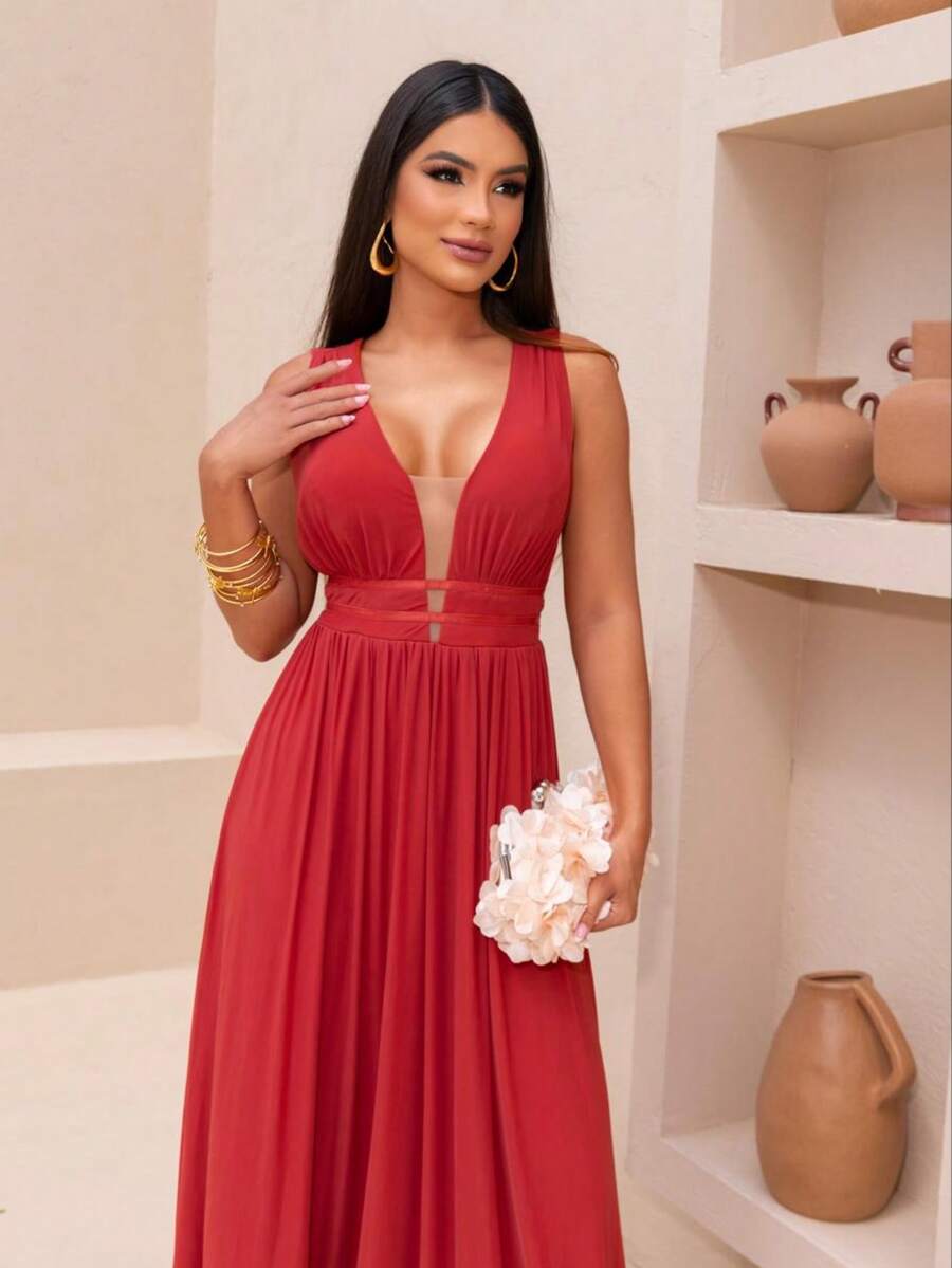 Tulle Party Dress / Neckline / Side Opening / Long For Graduation, Bridesmaid And Guests - Terracotta - View 1