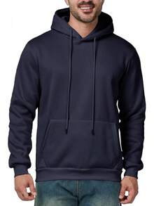 Mens Casual Long Sleeve Drawstring Athletic Hooded Pullover Sweatshirt With Pockets, Fashionable - Navy Blue - View 1