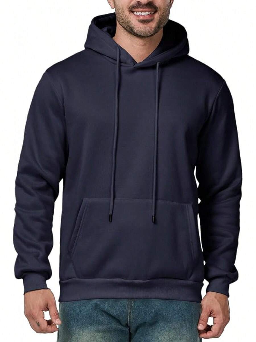 Mens Casual Long Sleeve Drawstring Athletic Hooded Pullover Sweatshirt With Pockets, Fashionable - Navy Blue - View 1