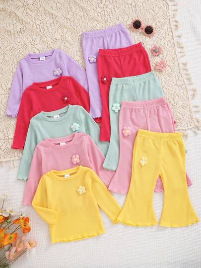10pcs/Set Baby Girls' Casual Solid Color 3D Floral Soft Comfortable Ribbed Fabric Long Sleeve Top And Pants Set, Suitable For Holidays, Birthdays, Parties, Daily Outdoor Picnics