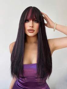 1 perucă sintetică rezistentă la căldură cu breton, perucă lungă și dreaptă multicoloră, 6,7 metri lungime, din fibră, potrivită pentru utilizare zilnică, perucă cu simulare naturală