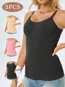 3-Piece Women's Vest Top With Built-In Chest Pads - Sleeveless Design, Suitable For Layering Or Wearing Alone, Suitable For Matching, Pure Color Women's Corset Top, Simple And Elegant Design, Smooth Shaping Vest - Nhiều màu - Xem 2