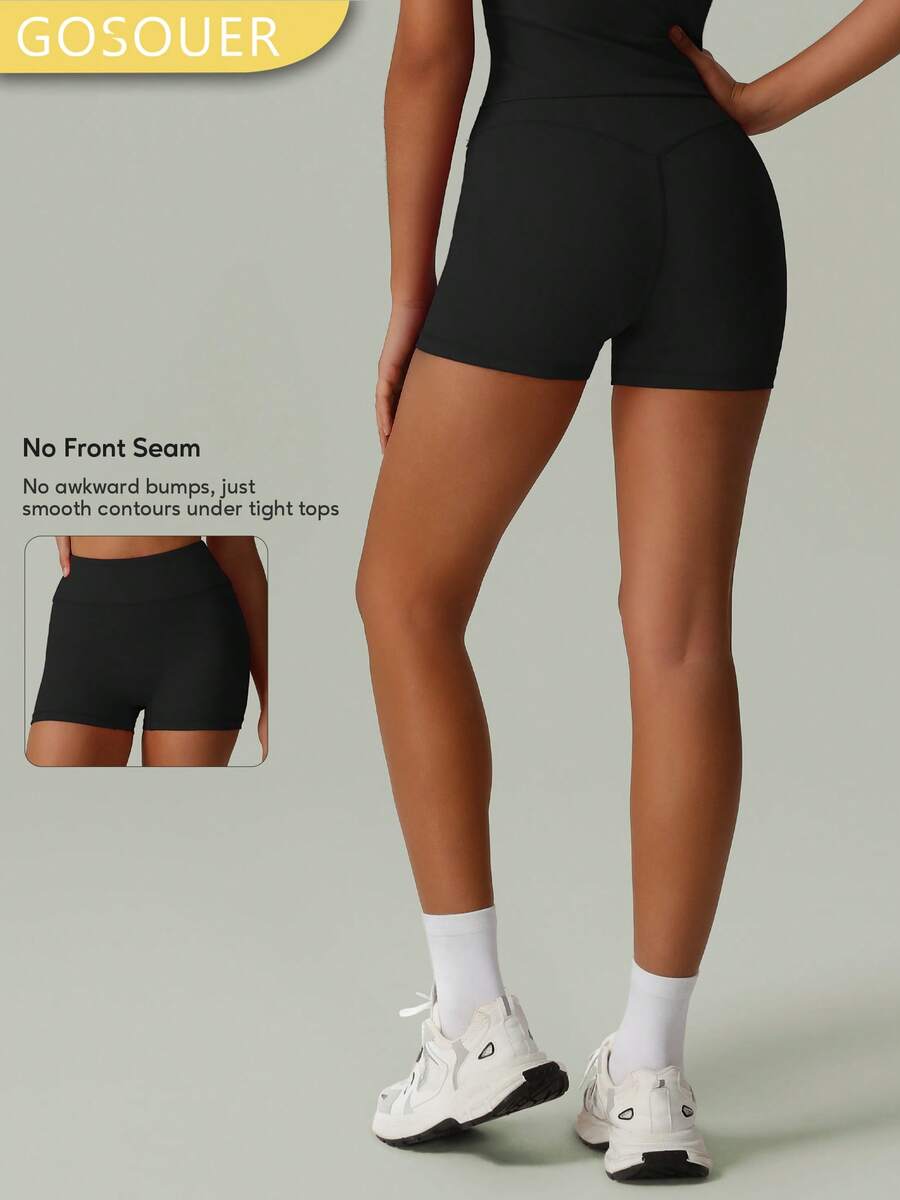 Pantalón corto de yoga, deporte y ciclismo de cintura alta y unicolor con estiramiento para mujer - Negro - Ver 1