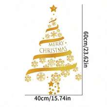 1pc Festive Christmas Tree Wreath Sticker, Glass Wall Decoration For Windows, Reusable Static Decal, Golden Festive Holiday Cling With Christmas Tree, Wreath And Snowflakes Design - Non-Electric, Featherless, Merry Christmas Display For Glass Surfaces