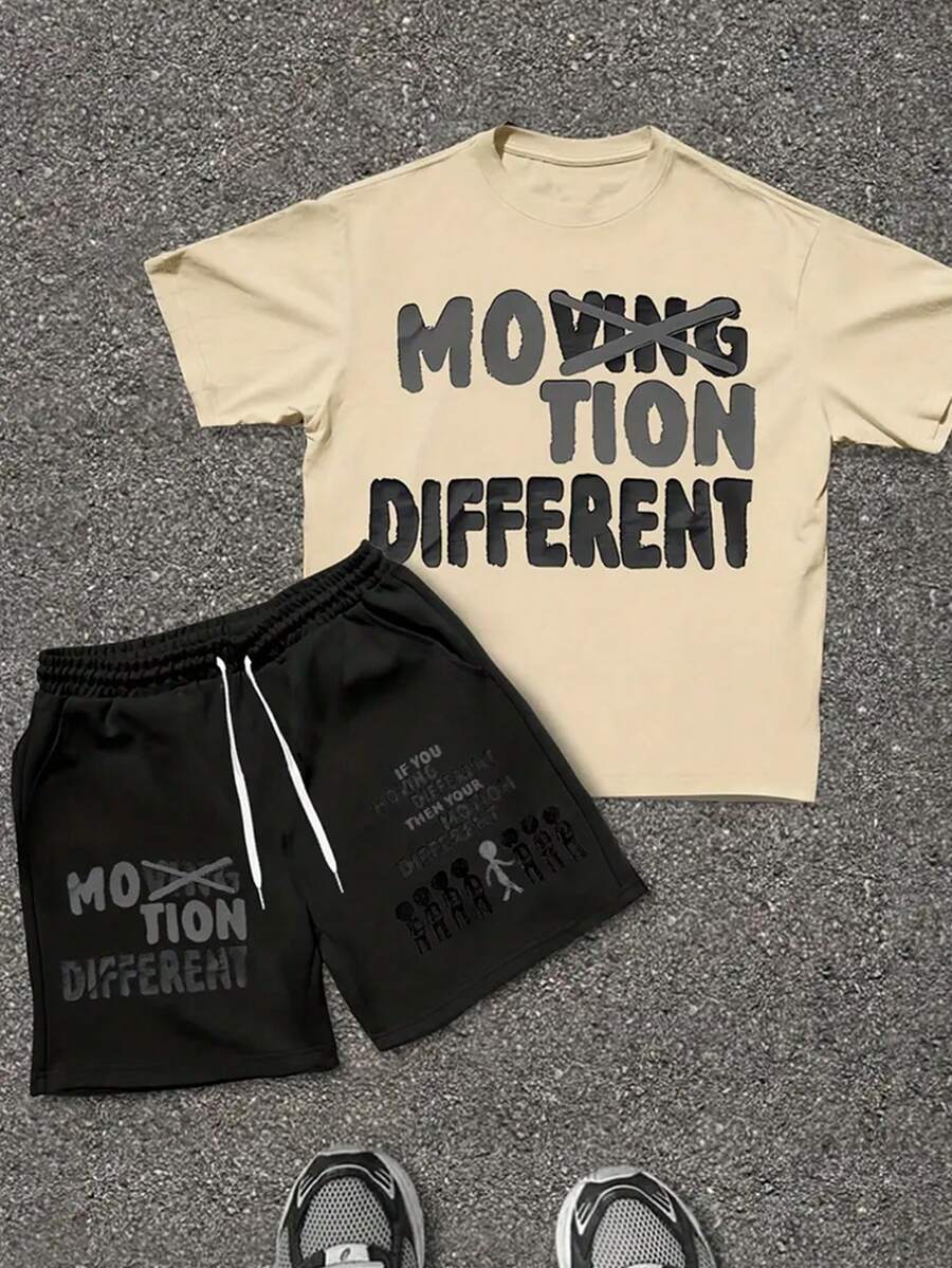 Men's Short Sleeved Shorts Set 2-Piece, Spring And Autumn Style Short Sleeved T-Shirt+Shorts, Soft And Comfortable, Machine Washable, Dry Cleanable, High-Quality - Artistic Font Slogan - Printed Pattern Pullover+Pants, Hip-Hop Style, Suitable For Festivals, Back To School, Streets, Outdoor Outings - Apricot+Black(杏色+黑色) - 查看 1