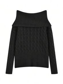 女式露肩套头毛衣，休闲宽松厚针织上衣，秋冬 - 黑色 - 查看 5