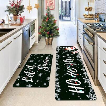 1/2pcs Christmas Floor Mats, Luxurious Black Background Embellished With White Snowflakes And Elk Pattern Kitchen Floor Mats, Perfect For Indoor/Outdoor Use, Family Gatherings, Kitchens, Dining Rooms, Christmas Atmosphere Decoration, Home Decoration