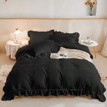 3 Pieces Black Ruffle Bedding Set With 2 Pillowcase Frills Duvet Cover With Zipper Closure Soft Microfiber Duvet Cover Set Single Double King Size - Black - View 9