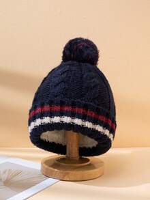 1 pièce Bonnet tricoté à pompons rayés bicolores, chapeau tricoté chaud, doublé thermique, polyvalent et pour l'hiver, pour un usage quotidien, les déplacements et les courses - bande - Voir 17