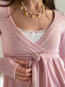 Women Y2K Babydoll Knit Tops Long Sleeve Lace Patchwork Low Cut Peplum Sweater Fairy Vintage 90s Coquette Blouse - 粉色 - 查看 5