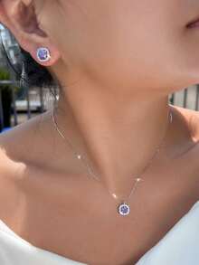 1 Set Genuine 925 Sterling Silver Amethyst Purple Cubic Zirconia Engagement Pendant Necklace Jewelry Set For Women, Festival/Anniversary Gift - Purple - View 4