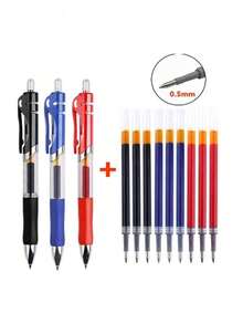 Set de 15 bolígrafos de gel retráctiles con tinta negra/roja/azul de 0.5mm con recambios, útiles de oficina y escolares