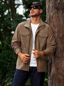 Mens Military Jacket Full Zip And Button  Field Jacket Multi Pocket Cargo Outdoor Coathalloween - 卡其色 - 查看 10