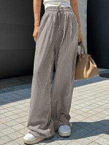 Wide Leg Striped Elastic Palazzo Pants With Pockets - Black - View 6