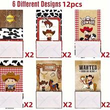 12个西部牛仔主题礼品袋，纸贴纸密封可折叠牛皮纸包装袋，包装礼品、零食、糖果袋，生日派对、主题派对装饰品 - 彩色 - 查看 12
