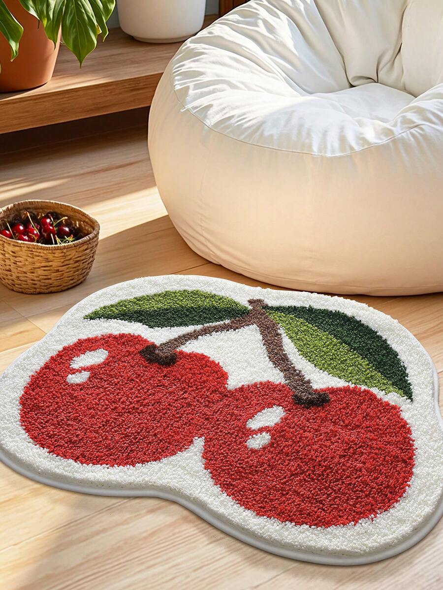 DAJIANG 1pc Flocked Bathroom Mat Carpet, Unique Fruit Pattern (Cherry, Strawberry), Fresh Style Area Rug, Doormat, Non-Slip TPR Bottom, Soft & Absorbent, Suitable For Bathroom, Shower, Kitchen, Living Room, Dorm, Dining Room, Home Decor, Holiday Decoration, Thick & Fluffy, Autumn/Winter, Halloween, Thanksgiving Christmas Decor Kitchen Rug