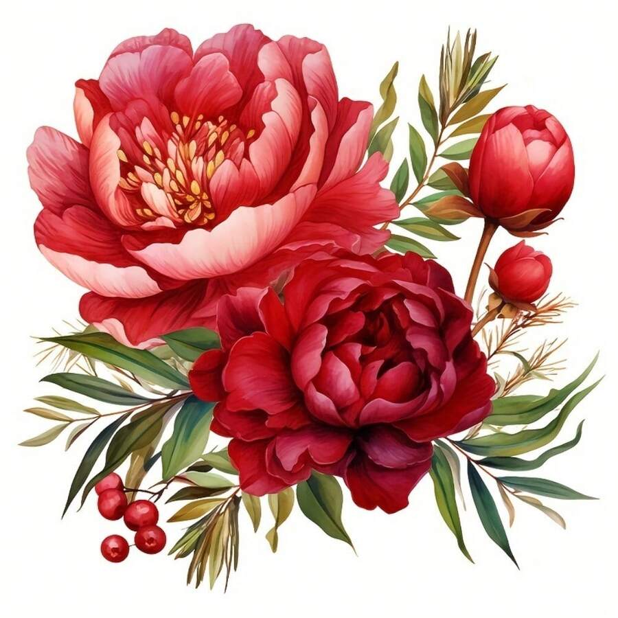 1/2/3张红牡丹花热转印贴纸，适合DIY，耐用塑料混色，可用于制作T恤和抱枕装饰。多色、可水洗、耐用塑料DIY贴纸，适用于连帽衫、靠垫、裤子、沙发套和帆布包，可水洗且不褪色 - 彩色 - 查看 1