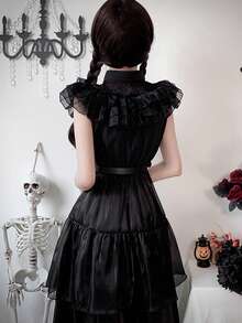 星期三亚当斯吸血鬼新娘哥特式角色扮演服装，万圣节深色迷你连衣裙