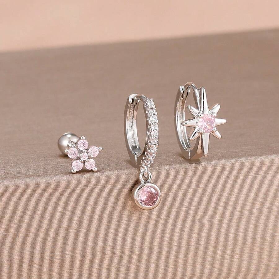 3 件时尚星形锆石可堆叠耳钉，适合女士，18K 镀金不锈钢方晶锆石独特花朵星形耳钉套装，优雅穿孔首饰，适合耳屏耳轮，适合女士 - 銀-粉-3pcs - 查看 1