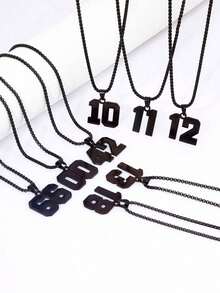 1 件不锈钢 0-99 棒球和足球球衣号码吊坠项链 - 黑色 - 查看 3