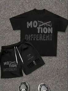 Men's Short Sleeved Shorts Set 2-Piece, Spring And Autumn Style Short Sleeved T-Shirt+Shorts, Soft And Comfortable, Machine Washable, Dry Cleanable, High-Quality - Artistic Font Slogan - Printed Pattern Pullover+Pants,  Hip-Hop Style, Suitable For Festivals, Back To School, Streets, Outdoor Outings - 黑色 - 查看 1