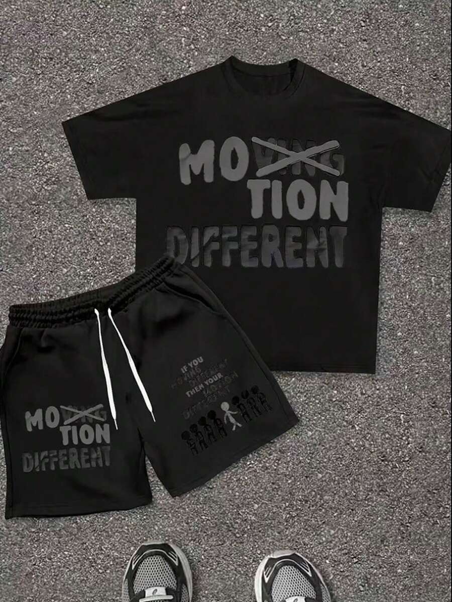 Men's Short Sleeved Shorts Set 2-Piece, Spring And Autumn Style Short Sleeved T-Shirt+Shorts, Soft And Comfortable, Machine Washable, Dry Cleanable, High-Quality - Artistic Font Slogan - Printed Pattern Pullover+Pants, Hip-Hop Style, Suitable For Festivals, Back To School, Streets, Outdoor Outings - 黑色 - 查看 1