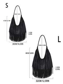 Women's Retro Suede Fringe Shoulder Bag, Crossbody Bag, Tote Bag - Black - View 2