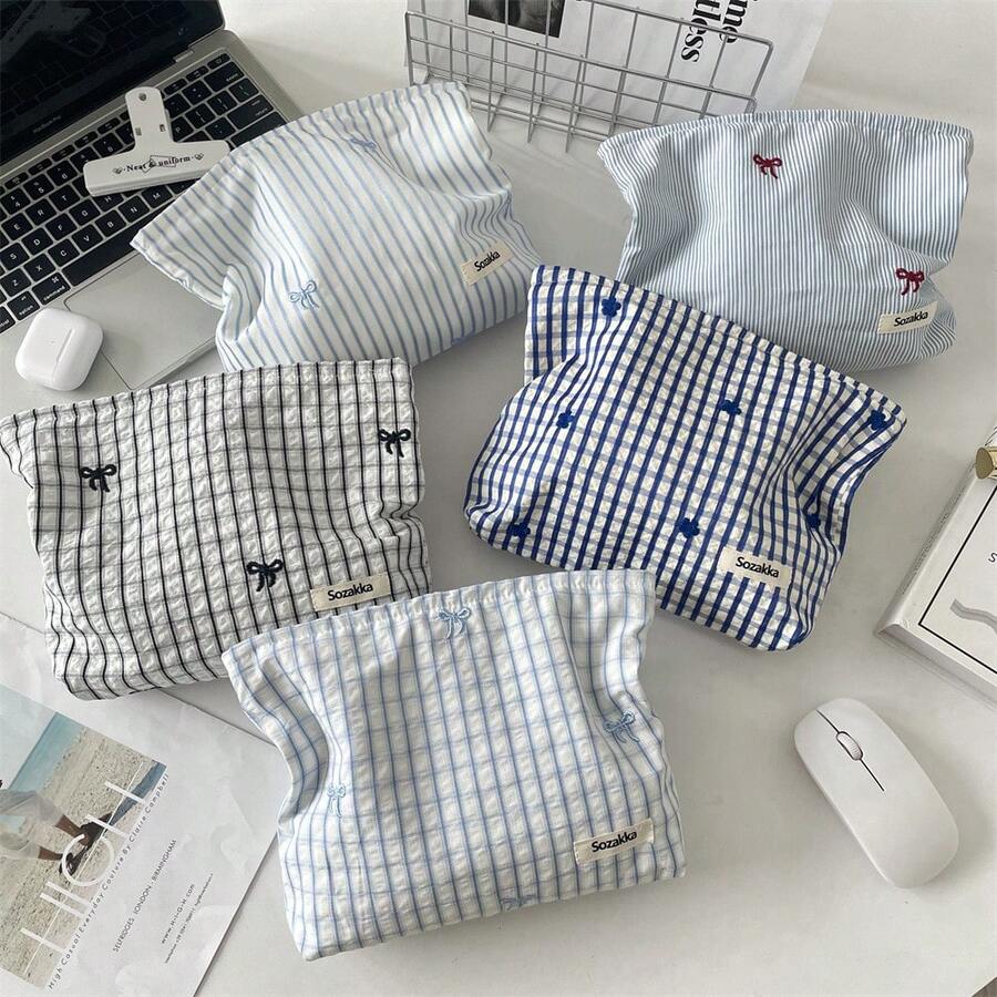 1 件格子蓝色刺绣花卉化妆包，女士口红收纳袋，化妆刷架旅行必备品，适合假期化妆包，化妆收纳旅行包，女士 - 彩色 - 查看 1