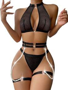 Halter Heart Ring Cutout Chain Floral Lace Sheer Garter Belt Lingerie Set 3 Piece - 黑色網眼 - 查看 6