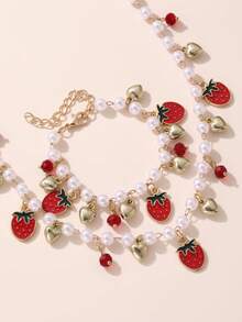 2 件套女孩甜美草莓樱桃仿珍珠串珠项链和手链首饰套装，适合日常、度假、派对、节日礼物