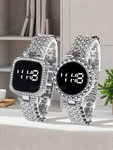 2pcs New Square Circular Set LED Temperament Electronic Watch For Girls And Students, Light Luxury Full Diamond Fashion Versatile Touch Digital Electronic Watch For Women, Gift Set - Black - View 12