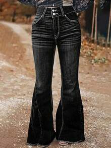 Quần jeans nữ ống loe cạp chun thêu họa tiết, viền tua rua, kiểu dáng đa năng, màu đen, thích hợp cho mùa xuân. - màu đen - Xem 3