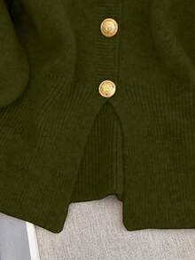 1 件秋冬纯色单排扣简约灰色开衫设计，短款前开衩腰部收紧独特金属纽扣长袖针织上衣开衫女 - 綠色 - 查看 6