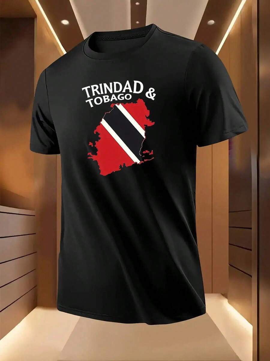 Men's Trinidad & Tobago Flag Graphic Print T-Shirt -100% Pure Cotton, Black Casual Short Sleeve Round Neck Summer Top, Breathable Machine-Washable Regular Fit For Outdoor & Casual Attire, Crew Neck Shirt, Comfortable Fit Shirt - 黑色 - 查看 1