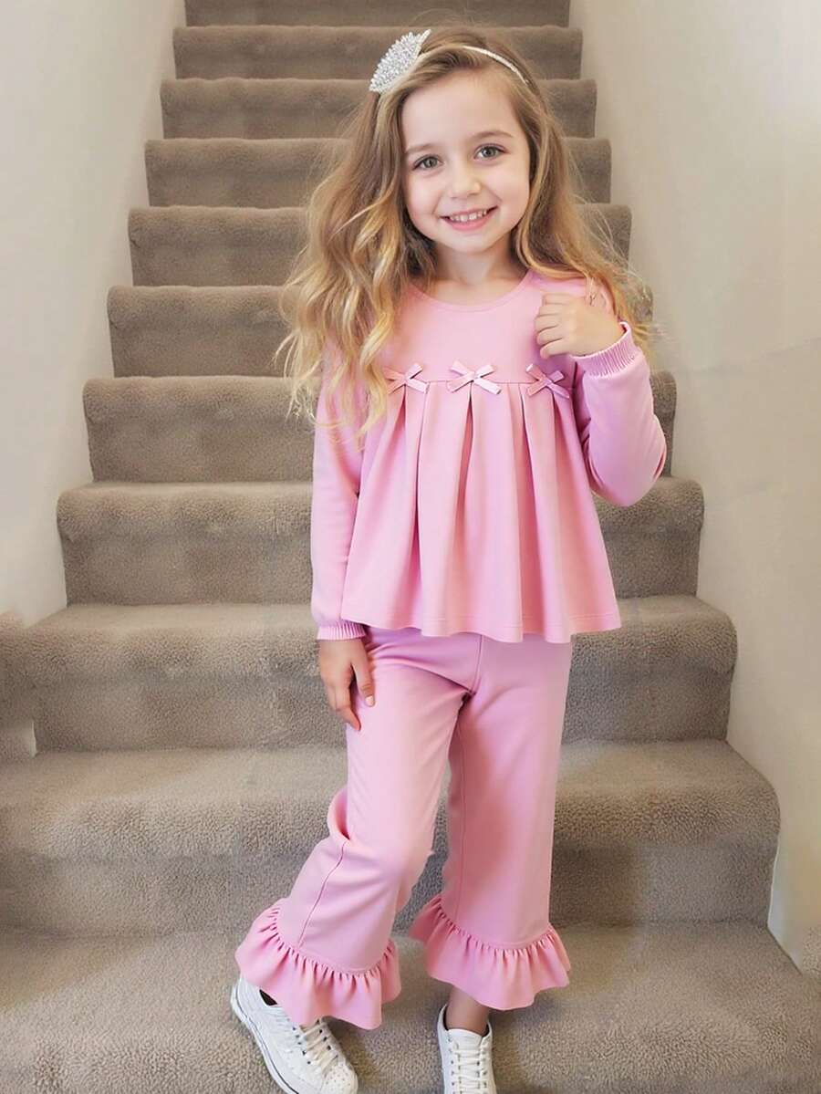 Conjunto de 2 piezas en color rosa, elegante y dulce, con blusa de manga larga con lazo + pantalones anchos cómodos con adorno floral, para primavera/otoño - Rosa - Ver 1