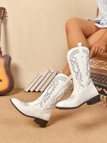 Women's Elegant Fashion Slip-On Western Boots, White Embroidered High Heel Western Boots, Stylish Embroidered Cowboy Boots, Slip-On Mid-Calf Flat Boots For Autumn/Winter - White - View 4