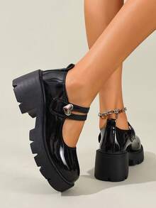 Foot Flair 女款（尺码偏小）玛丽珍厚底粗跟踝带Y2K哥特洛丽塔牛津经典舒适校服正装鞋 - 黑色 - 查看 6