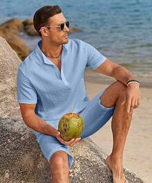 Men's 2 Pieces Linen Set Casual Henley Short Sleeve Shirts Beach Yoga Shorts Summer Outfits - Màu xanh lam - Xem 7