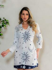 KIARA BRAZIL Vestido Curto Indiano Boho Chic com Estampa Astrológica de Sol e Lua, Decote V e Manga Longa Perfeito para o Verão-GE00290 - Branco - Visão 3