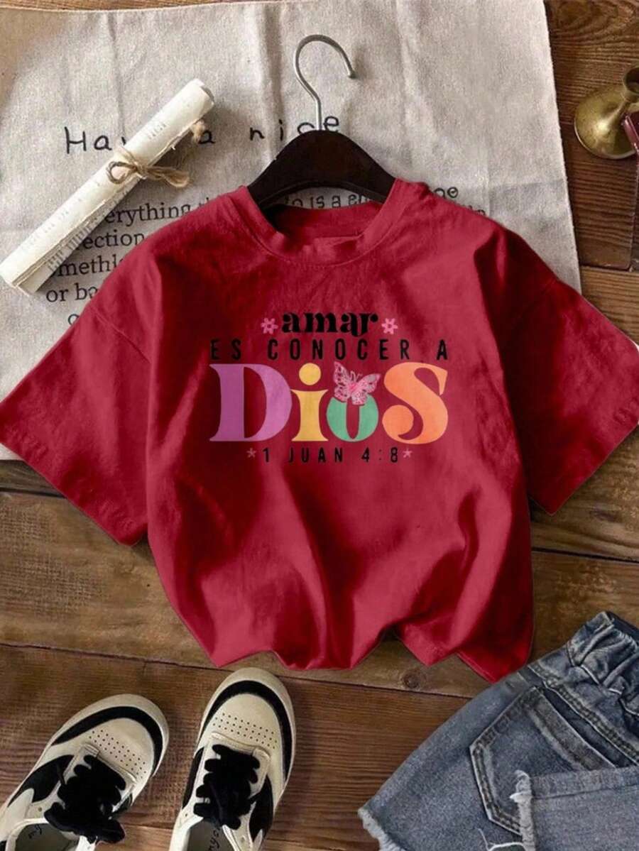 Camiseta casual con estampado , lema ' amar ES CONOCER A Dios ' versículo fe faith , para mujer manga corta cuello redondo, playera de poliéster, blusas gráficas para mujer - Rojo - Ver 1