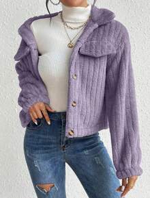 1  Liso    Casual  Dulce  Elegante    Poliéster    De Pelito  Cremallera  Bolsillo    Diario    INVIERNO - Morado - Ver 4