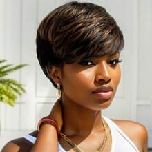 High Light Synthetic Wig Short Straight Pixie Short Bob Wig Honey Blonde Mixed With Black Hair For Ladies - Multicolor - View 2
