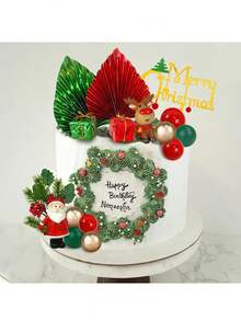 20pcs Christmas Cake Decorations, Merry Christmas Cake Toppers, Including Green And Red Faux Palm Leaf Fan And Gift Box Decorations, Mini Santa Claus And Reindeer, Red And Green Gold Foam Ball Cake Toppers, Suitable For Christmas Winter Holiday Cake Decorations, Christmas Themed Party Supplies, Babyshower Cake Decorations - Multicolor - View 5
